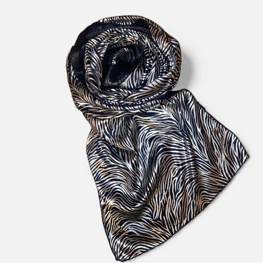 ZEBRA PRINT SILK STYLE FASHION SCARF Elegant & Versatile Black w/Silver Stripes